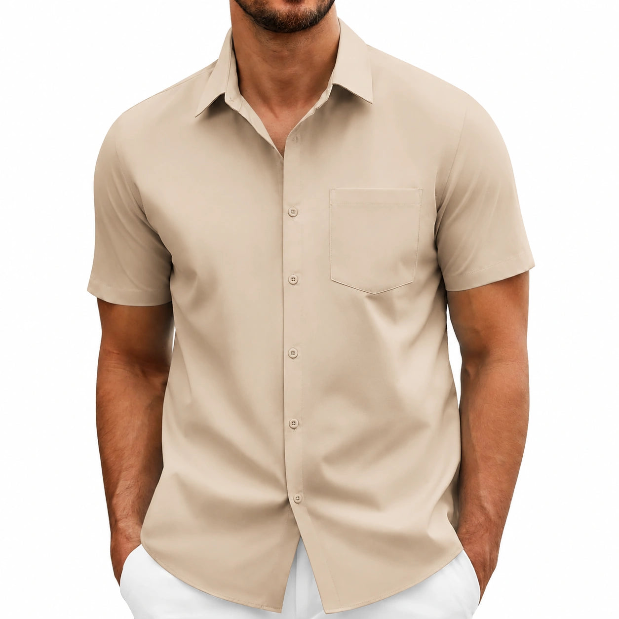 Chemise homme manches courtes L beige en tissu lisse coupe droite
