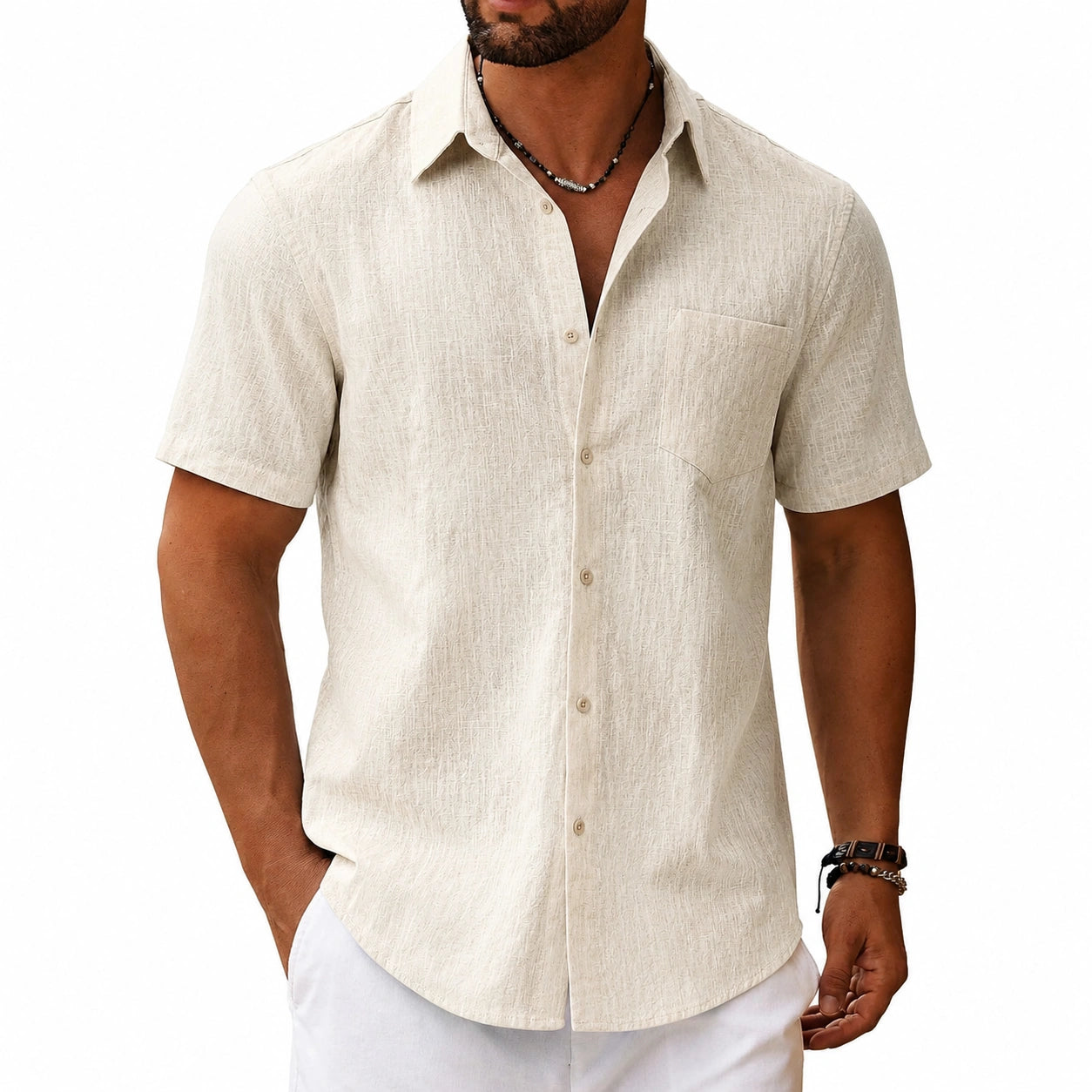 Chemise homme L en lin beige à manches courtes style décontracté