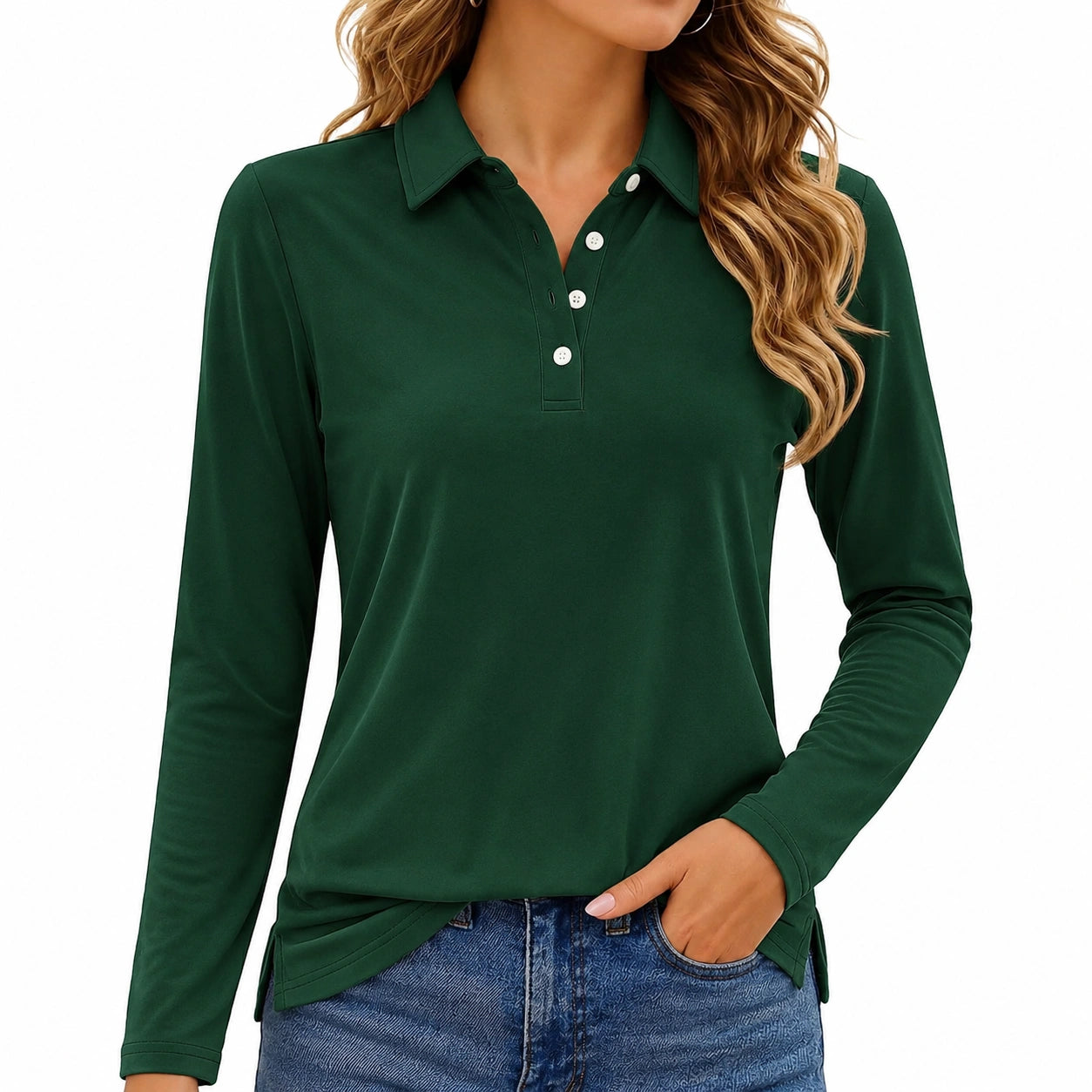 Polo femme taille M vert foncé à manches longues col boutonné style décontracté