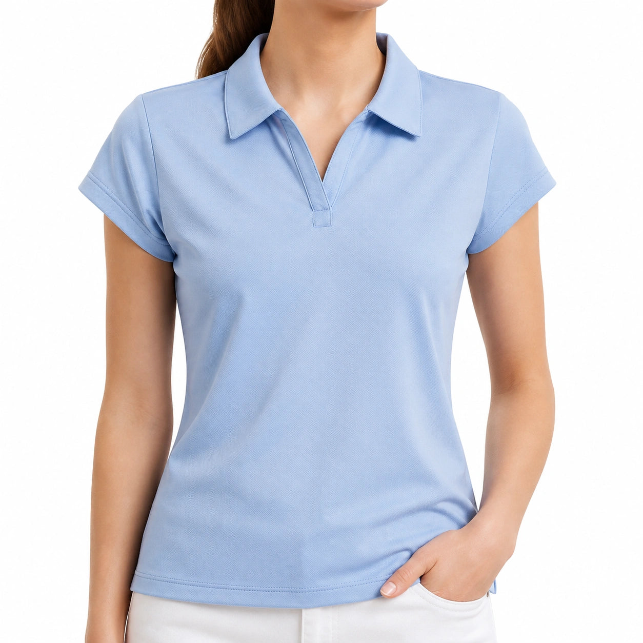 Polo femme taille L en tissu texturé bleu clair à col classique manches courtes