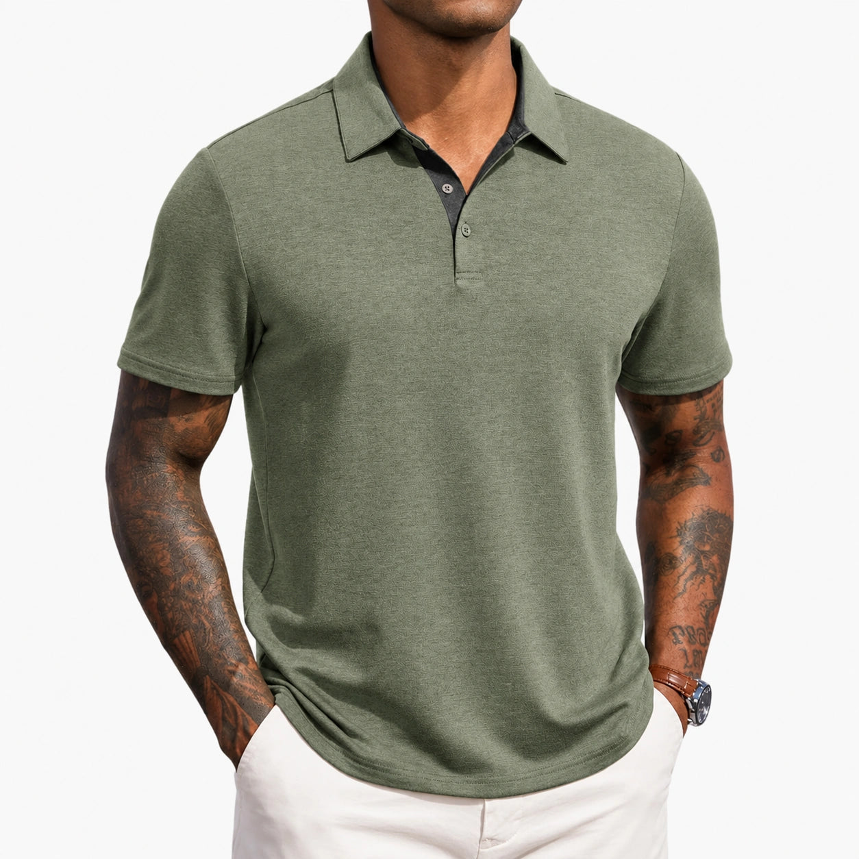 Polo homme taille M en maille texturée vert kaki à manches courtes style décontracté