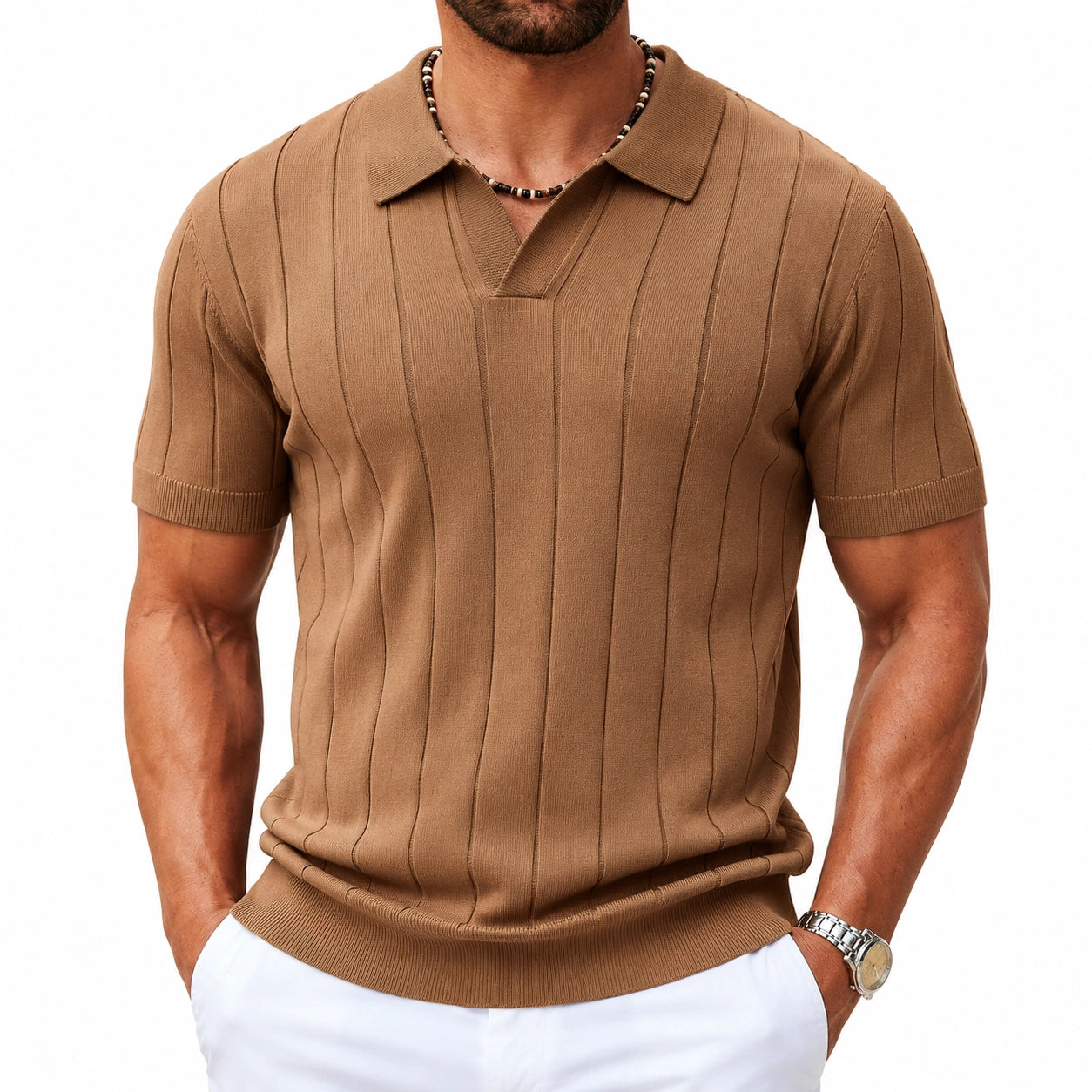 Polo homme L en maille beige à manches courtes style texturé