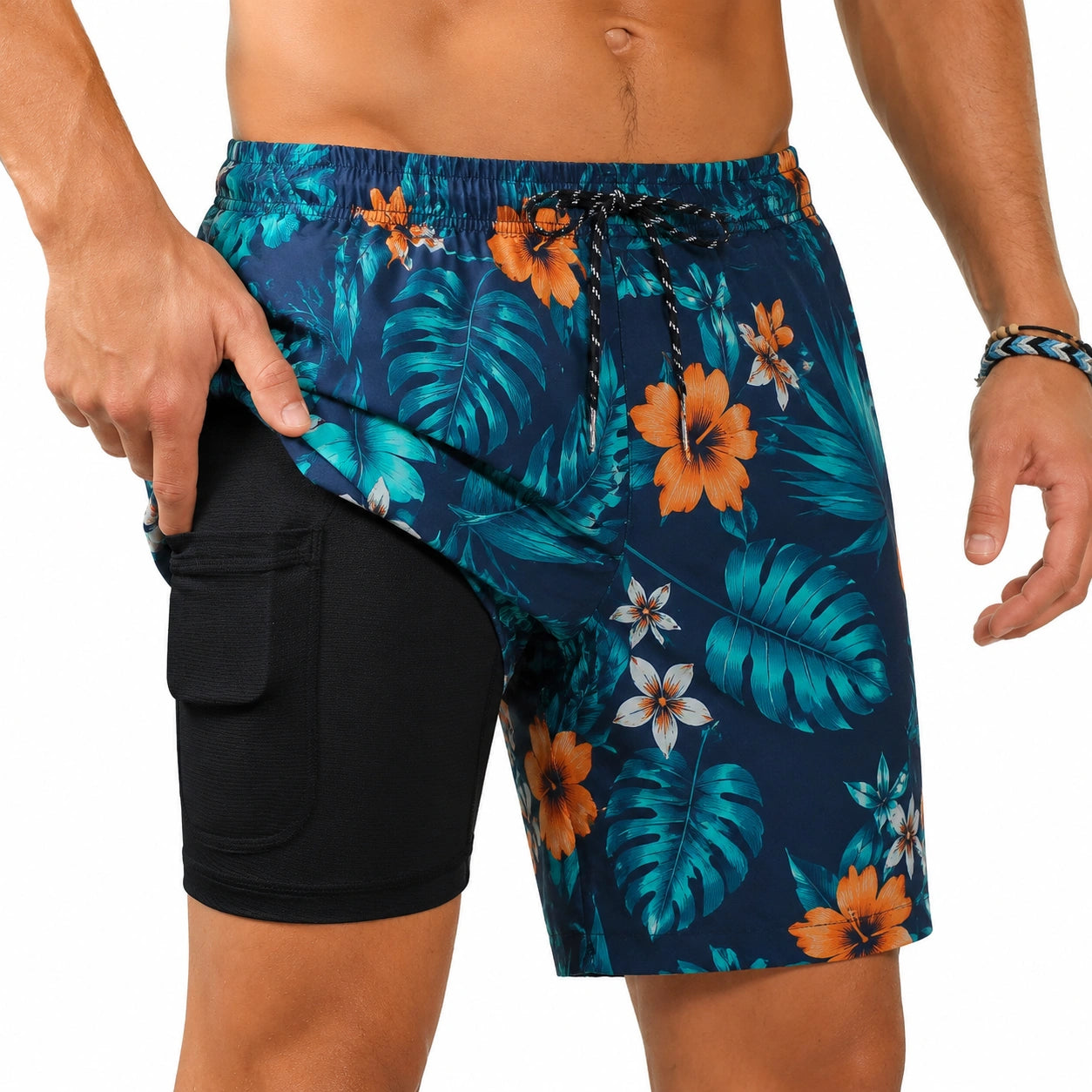 Short de bain homme M en tissu synthétique bleu marine à motif tropical avec doublure noire
