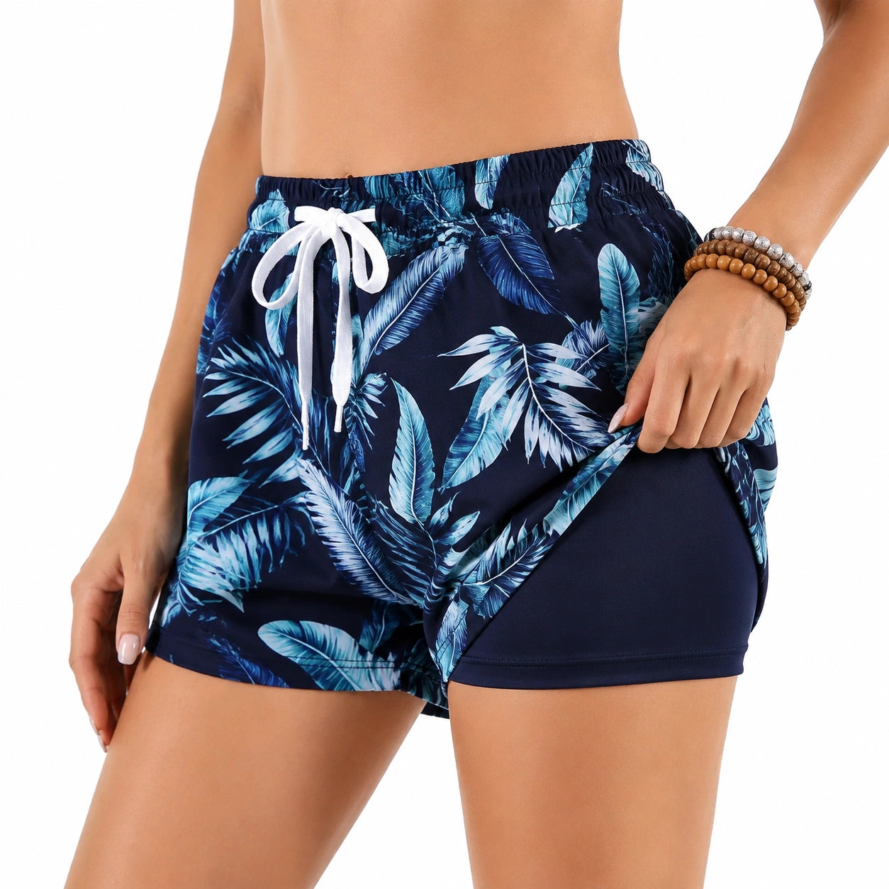 Short de bain femme taille L en tissu synthétique bleu marine à motif feuilles avec doublure intégrée