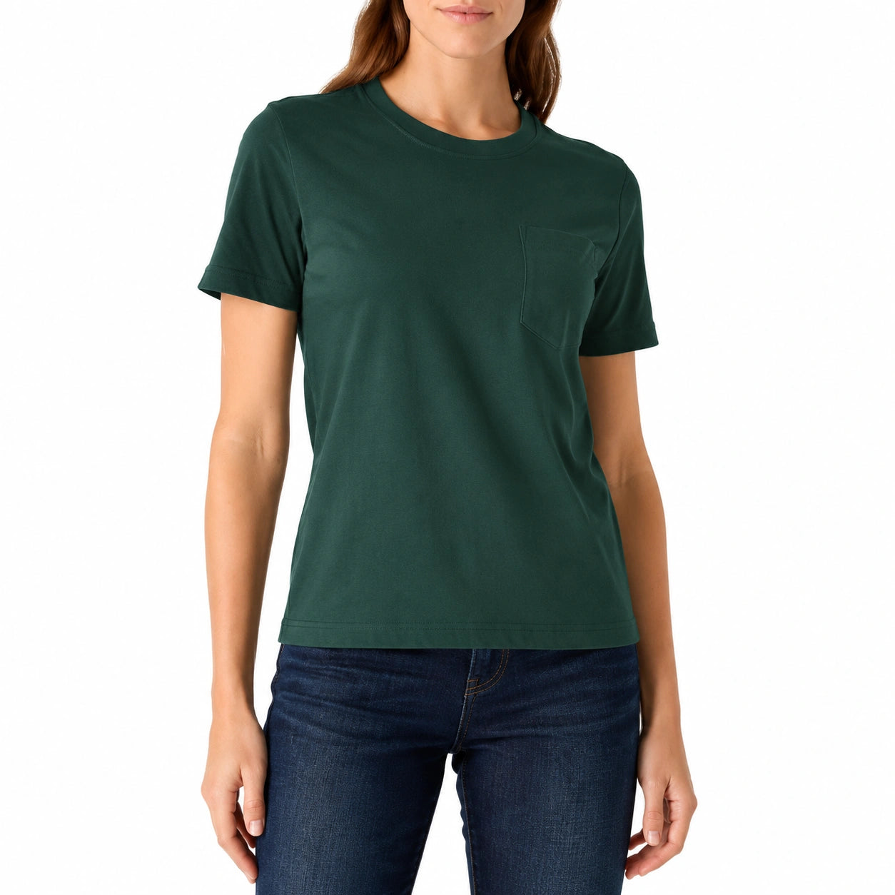 T-shirt femme L vert foncé en jersey à poche poitrine coupe droite