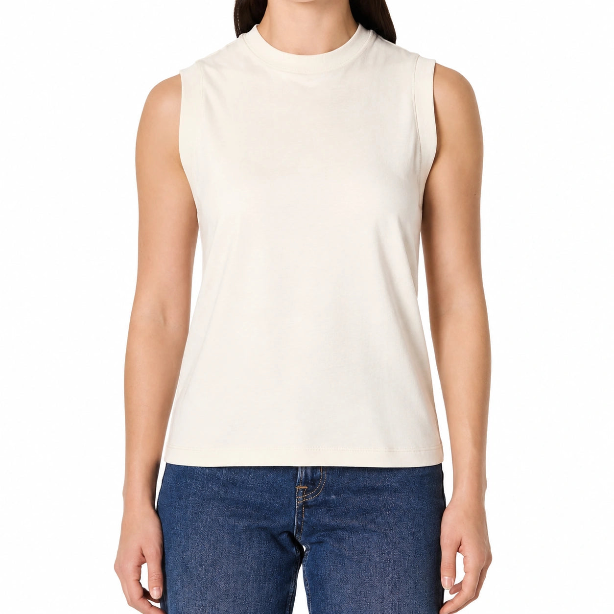 T-shirt sans manches femme taille L écru en jersey col rond coupe droite