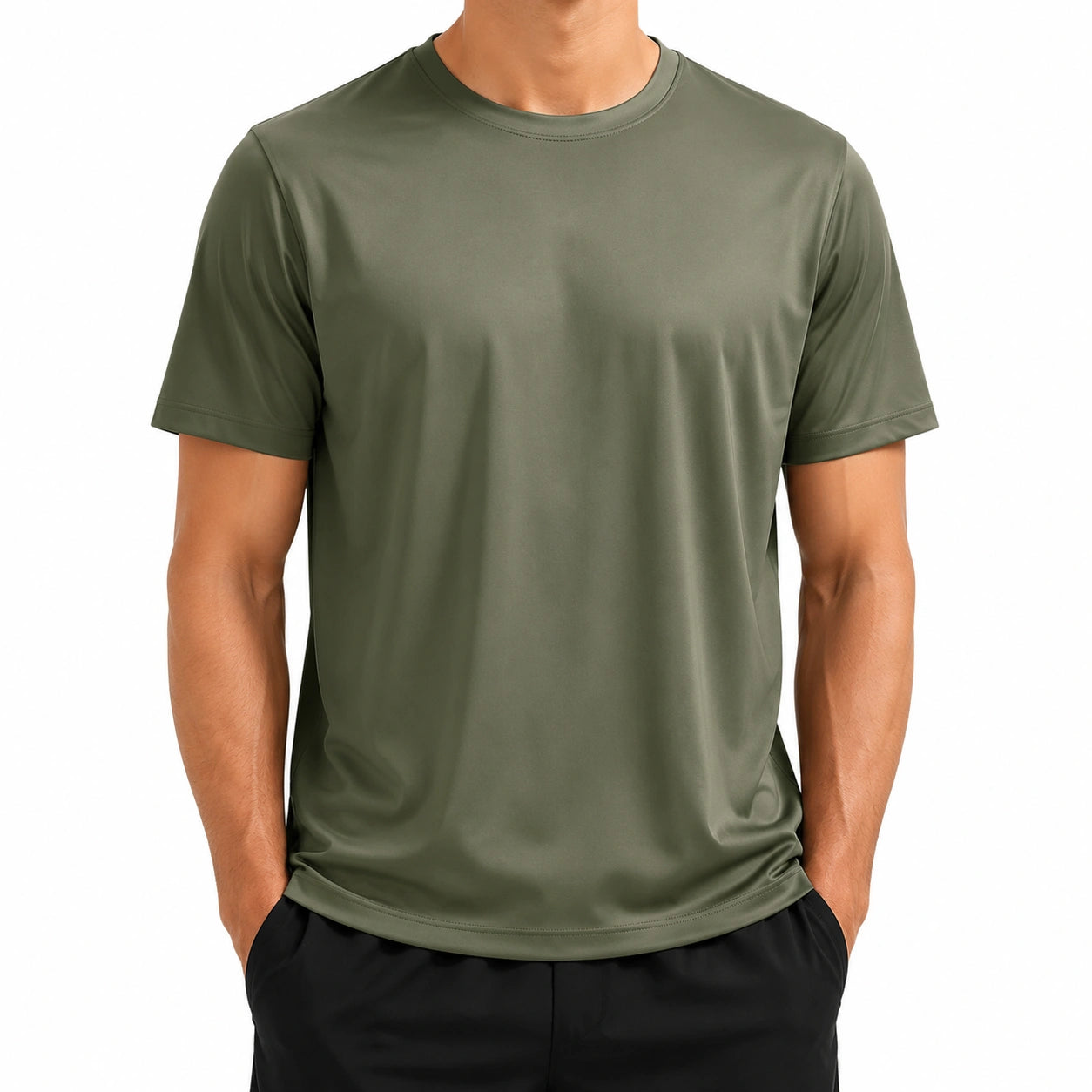 T-shirt homme M vert kaki en tissu synthétique à manches courtes style sportif