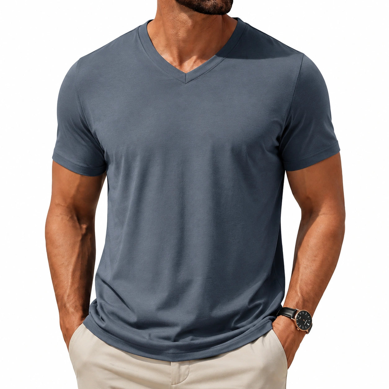 T-shirt homme L bleu ardoise à col V coupe décontractée