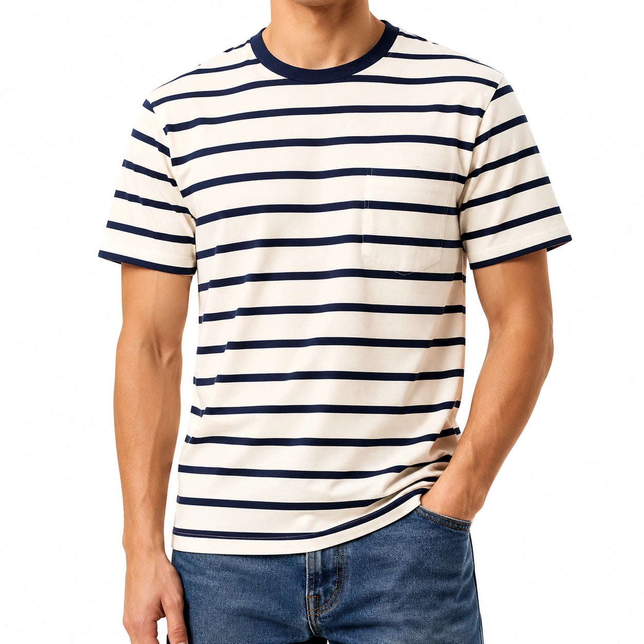T-shirt homme L à rayures écru bleu marine en tissu à manches courtes avec poche poitrine