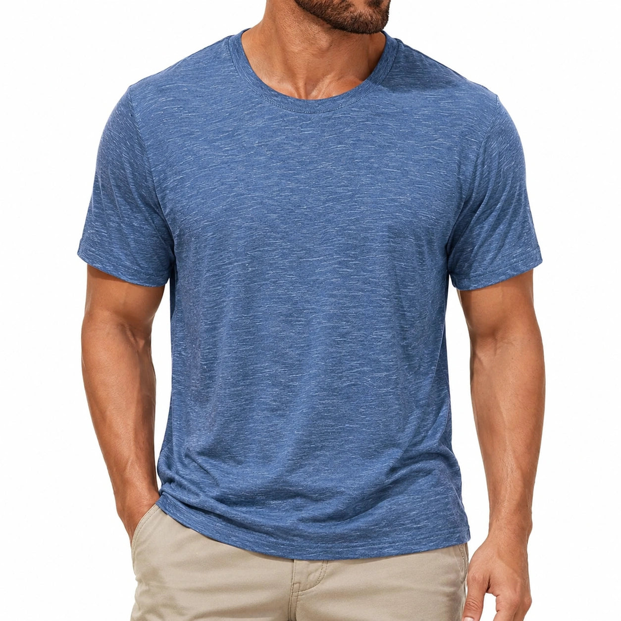 T-shirt homme L bleu chiné à manches courtes col rond style décontracté